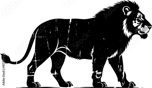 Black silhouette of a walking lion with textured scratches and mane detail