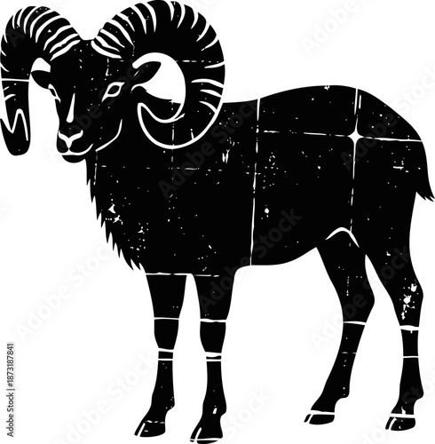 Majestic ram with large curved horns silhouette in vintage grunge