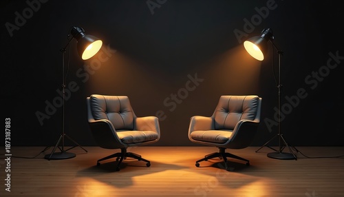 Symmetrical studio setting with two chairs, lamps creates cozy atmosphere. Light emphasizes empty space. Meeting room interior suitable for conversation presentation. Simple minimalistic design of