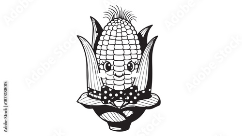 Whimsical corn cob character with husk and smiling face in playful illustration.