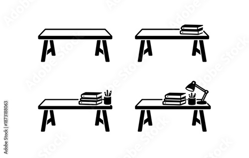Minimalist desk setups with books and lamp in black and white illustrations