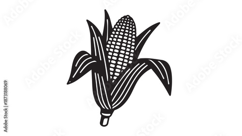 Illustration of a corn cob with husk and leaves, representing a farm crop and agricultural plant symbolism.