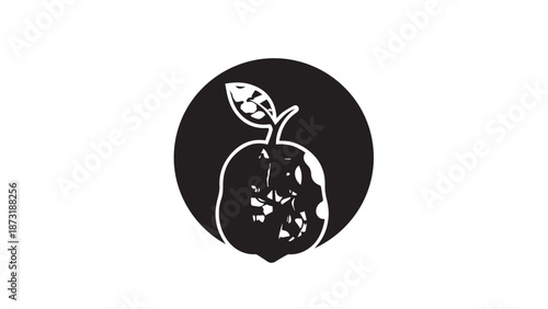 Stylized pear silhouette within circular frame as a monochrome graphic emblem design.