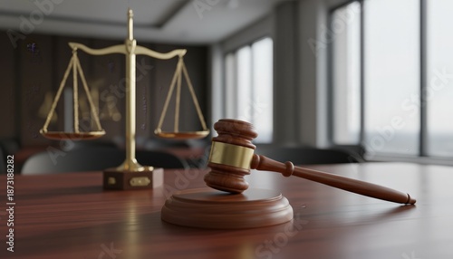 Gavel resting on a wooden desk with golden scales of justice in a blurred background, representing legal systems, law enforcement, and court proceedings