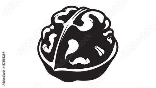 Intricate monochrome illustration of a walnut half with shell and kernel in bold line art.