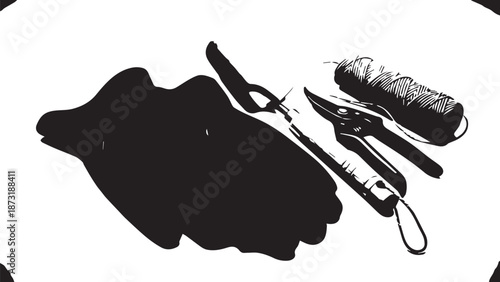 High contrast silhouette of a hand interacting with a stethoscope and medical tools in black on a white background.