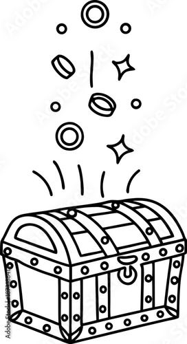 treasure chest with coins and sparkles floating above, symbolizing wealth and discovery