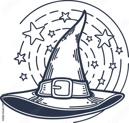 Witch hat with buckle surrounded by sparkling stars and magical swirls illustration