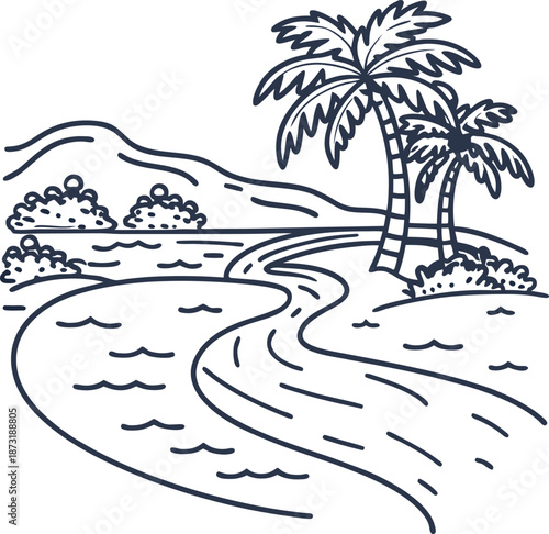 Tropical beach landscape with palm trees, river flowing to the sea, and distant hills illustration