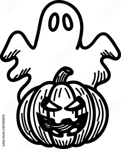 Halloween ghost hovering over scary carved pumpkin with sinister expression