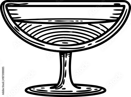 Vintage coupe glass illustration with carved wood texture design in black and white