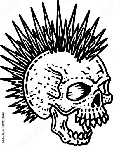 Punished skull with spiked mohawk hairstyle, punk rock illustration