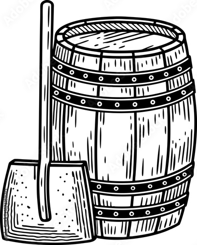 Wooden barrel with mallet retro illustration vintage hand drawn keg and pounding tool design