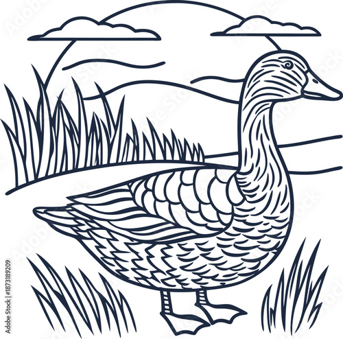 Duck standing near marsh grass with hills and clouds in the background