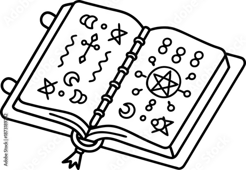 Open book with mystical symbols and magical signs, occult and witchcraft concept art