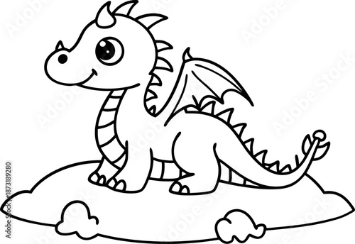 Cute little dragon standing on a small mound with wings and spikes illustration