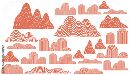 Stylized terracotta mountains and hills with abstract linear patterns for decorative graphic design illustration