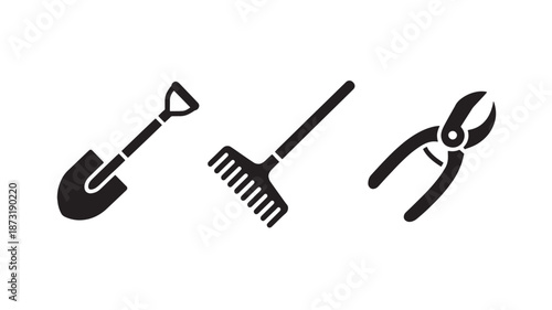 Gardening Tools Set in Simple Flat Design with Black Color on White Background for Icon or Graphic