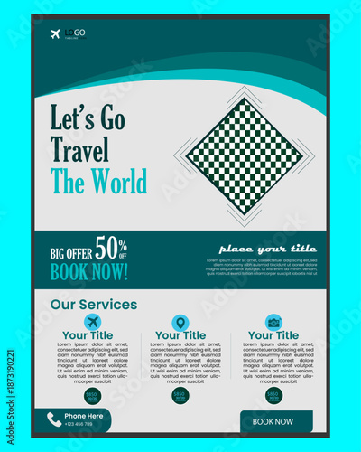 set of travel flyer template for holiday in black and orange color. A4 size travel brochure design.