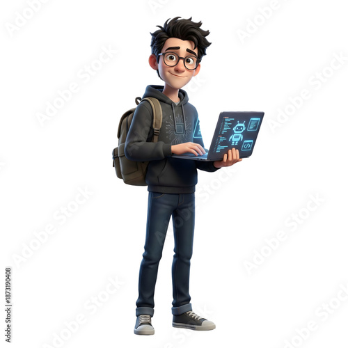 Young Tech Student Holding Laptop and Backpack - AI Generated