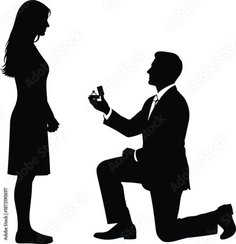 Man kneeling and proposing to woman with ring in silhouette illustration