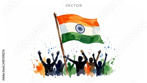 Republic day of india, freedom festival celebration people dance silhouette on tricolour background.
