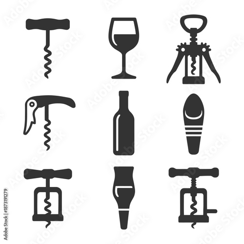 Wine bottle openers and accessories set with glass and corkscrew icons.