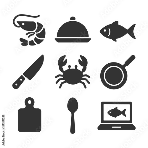 Seafood cooking icons: shrimp, fish, crab, cooking utensils, and laptop display.