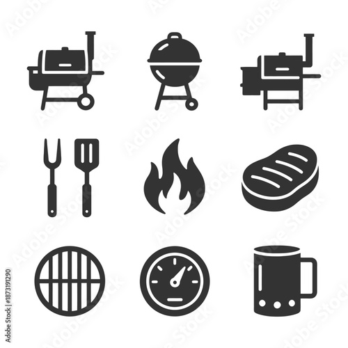 Barbecue icon set: grill, steak, utensils, flame, and beer mug illustrations.