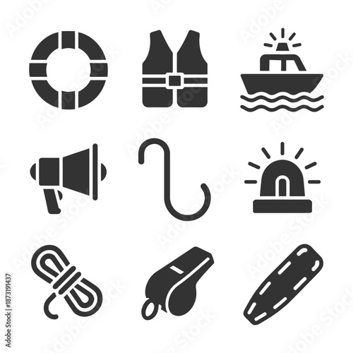 Boat safety equipment icons: life vest, whistle, hook, and more.