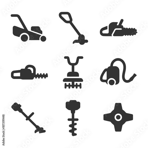 Set of silhouette garden tools and machinery icons.