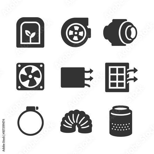 Black and white set of hvac and ventilation system icons for airflow control.