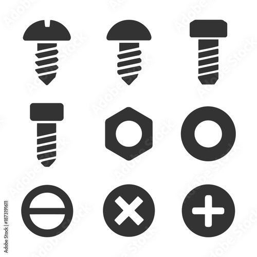 Set of nine screw and bolt silhouettes with various heads and nuts.