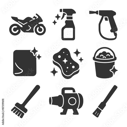 Set of cleaning and motorcycle maintenance tools icons.