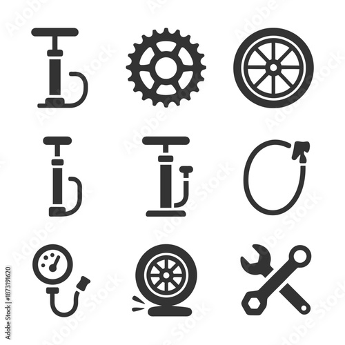 Bicycle repair icons: pump, gear, tire, gauge, wrench.