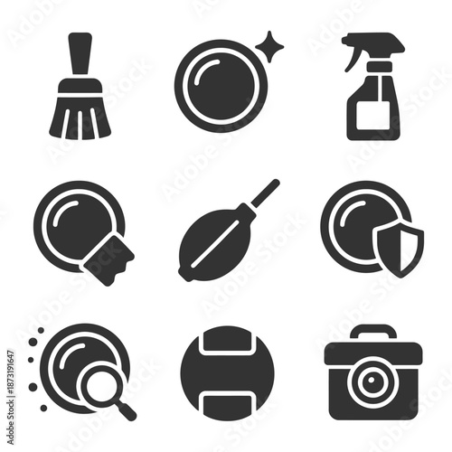 Set of nine cleaning and maintenance icons including brush, dish, spray bottle, and camera.