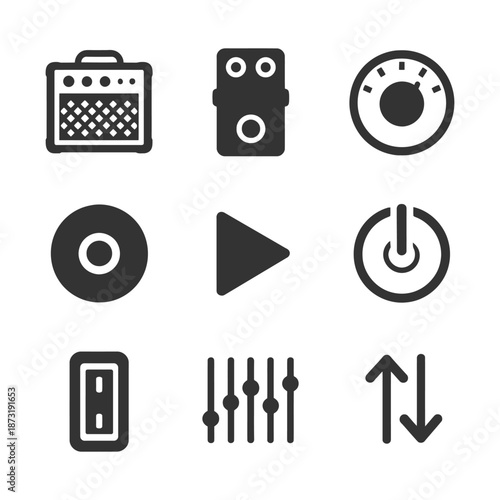 Music and audio equipment icons: amplifier, pedal, volume control, cd, play button, power, slider, up-down arrows.