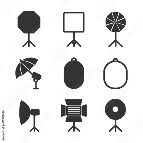 Photography equipment icons set: lights, softboxes, reflectors, stands, umbrella, backdrops.