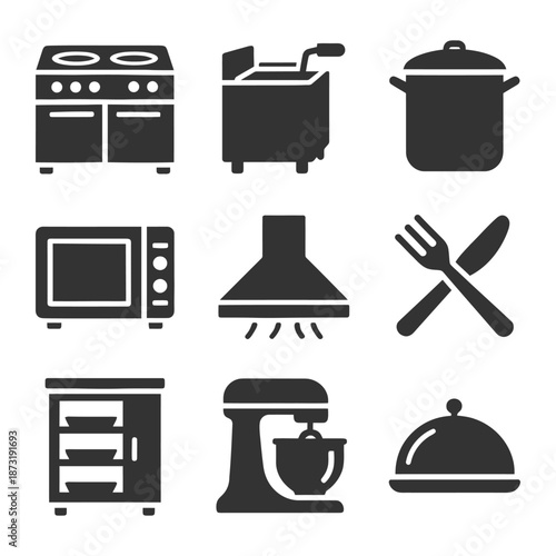 Kitchen appliances icons: stove, fryer, pot, microwave, range hood, cutlery, cabinet, mixer, serving dish.