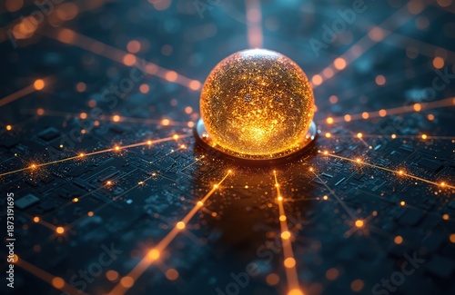 Abstract tech illustration of sphere surrounded by glowing lines. Conceptual image represents network connection, digital tech, innovative computing, processing. Modern digital world shows ai data
