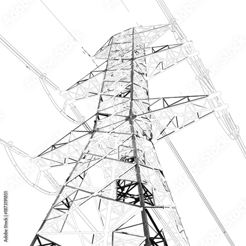 Detailed close up electricity transmission tower vector illustration with complex steel lattice framework isolated on white background for industrial design.