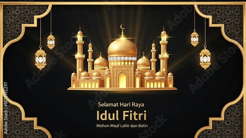 Golden Mosque Illustration for Idul Fitri Celebration.