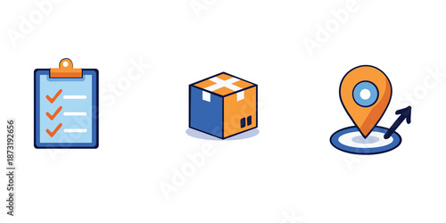 Logistics and Order Fulfillment Icon Set: Checklist, Parcel Box, and Location Tracking.