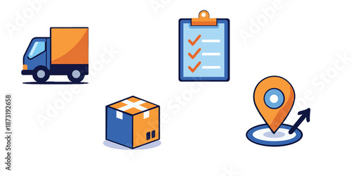 Supply chain management and shipping service concept icons in a modern flat design style on a transparent background.