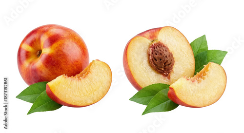 Fresh Ripe Nectarine Fruit with Slices and Green Leaves on White Background