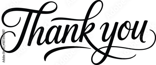 A beautifully handwritten Thank You note with decorative flourishes displayed against a stark white backdrop