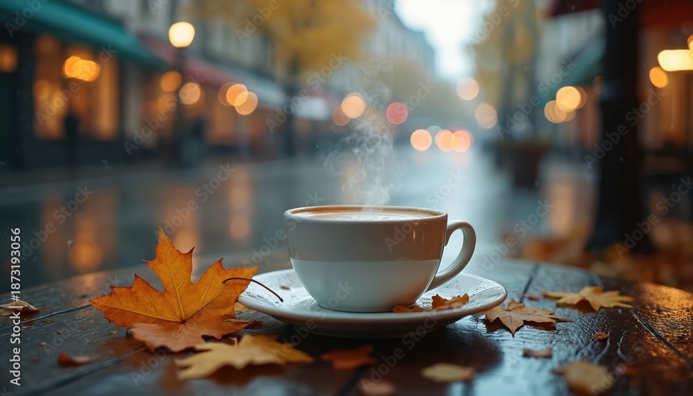 Obraz premium Steaming coffee cup on wooden table with autumn leaves. City street backdrop features rain bokeh lights and overall seasonal mood. Beverage drink espresso in coffee shop scene.