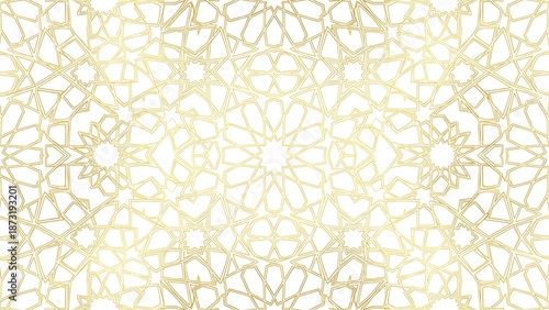 Golden Islamic Geometric Pattern on White Background, Seamless Arabic Design