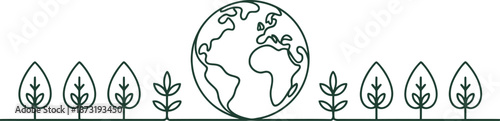 A continuous line drawing displays the Earth surrounded by stylized trees, symbolizing environmental protection and sustainability