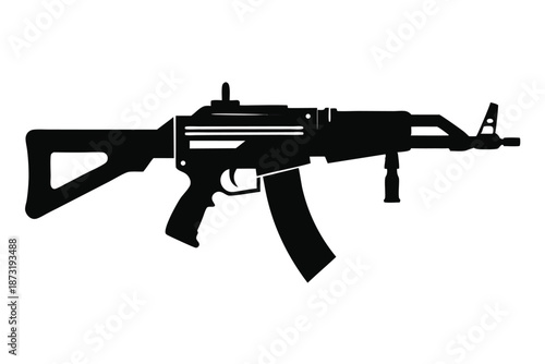 Assault Rifle Machine Gun Silhouette, Tactical Military Firearm Icon Isolated on White Background